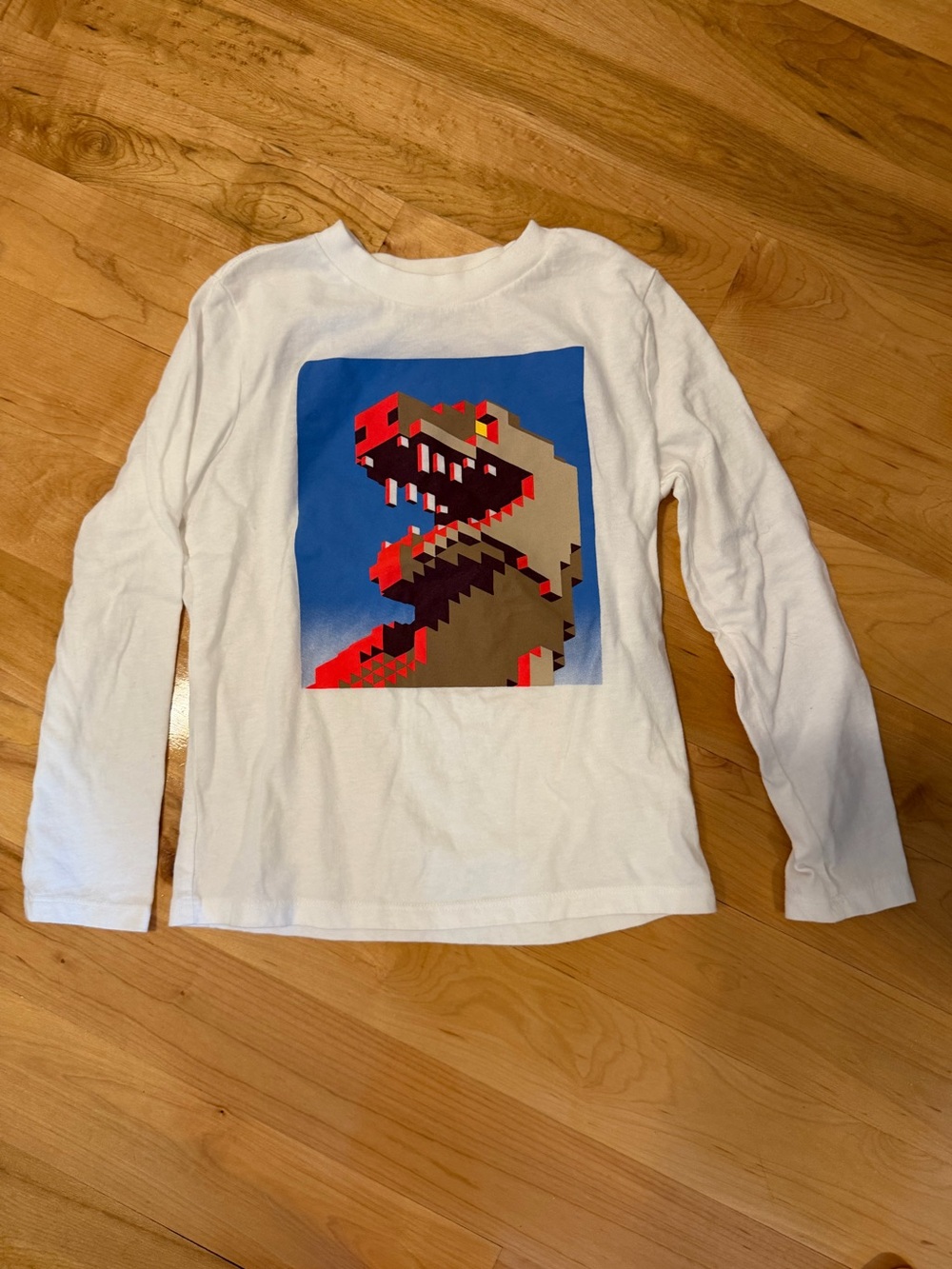 White Kids Long-Sleeve Graphic Tee with Pixel Dinosaur size 6-7 NWOT